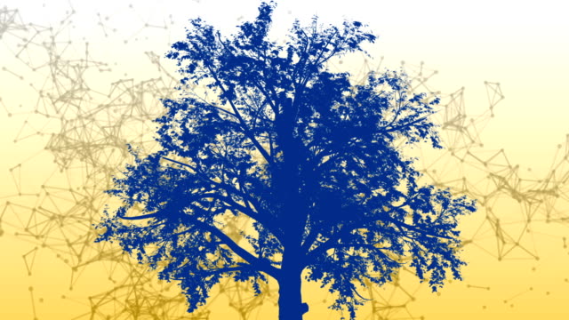 Mixta-de-dos-de-animación-en-3d-del-árbol-azul-y-estructura-geométrica-poligonal