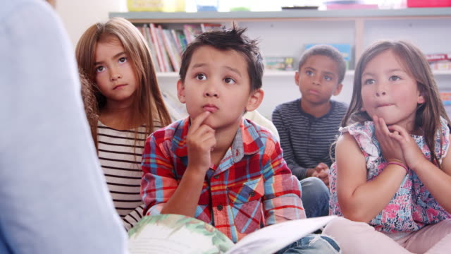 Elementary-school-kids-listening-to-teacher-reading-a-story