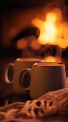 Vertical-video.-Steam-from-a-cups-with-a-hot-cocoa-on-the-fireplace-background.