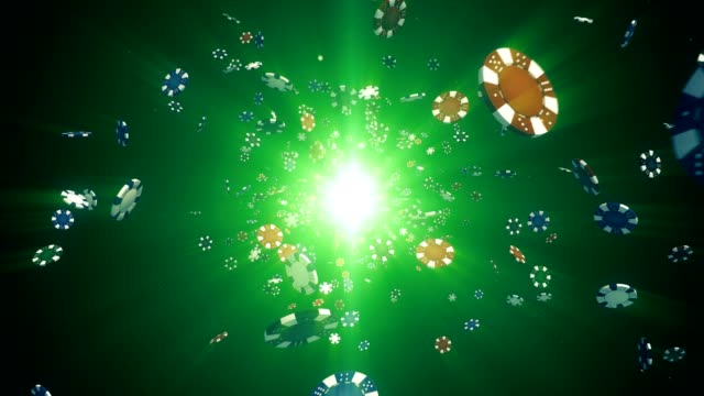Flying-casino-chips-in-camera-in-slow-motion-with-rays-of-light-on-a-colorful-background,-seamless-loop-animation