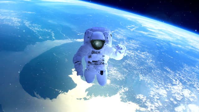 Astronaut-über-der-Erde-im-offenen-Raum