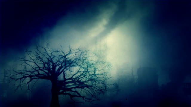 Toter-Baum-auf-einem-verlassenen-Stadt-Hintergrund-nach-der-Apokalypse