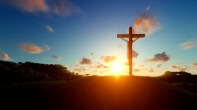 Jesus-am-Kreuz-über-Sonnenuntergang,-Konzept-für-Religion