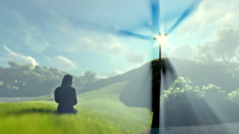 Woman-praying-at-Jesus-cross-over-beautiful-sun-rays