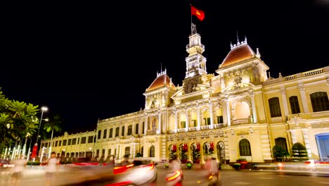 Night-Traffic-in-front-of-the-City-Hall-in-Ho-Chi-Minh-City-Saigon-,-Vietnam
