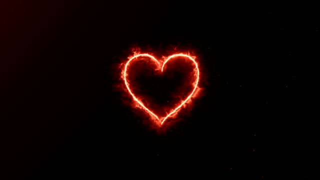 4K-animación-apariencia-corazón-forma-llama-o-grabar-en-el-fondo-oscuro-y-chispa-de-fuego.-Movimiento-gráfico-y-animación-de-fondo.