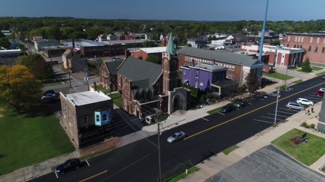 Day-Aerial-Establishing-Shot-of-Ohio-Small-Town-Church