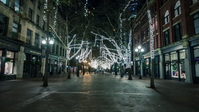 Pioneer-Square-de-Seattle-Hyperlapse-Navidad-luces-en-la-noche-del-invierno