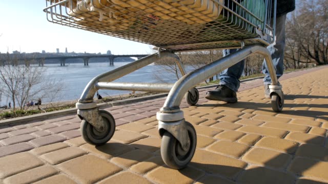 Wheels-of-cart-with-homeless-man's-belongings