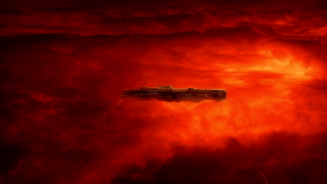 Raumschiff-In-rasenden-Atmosphäre-über-dem-roten-Planeten