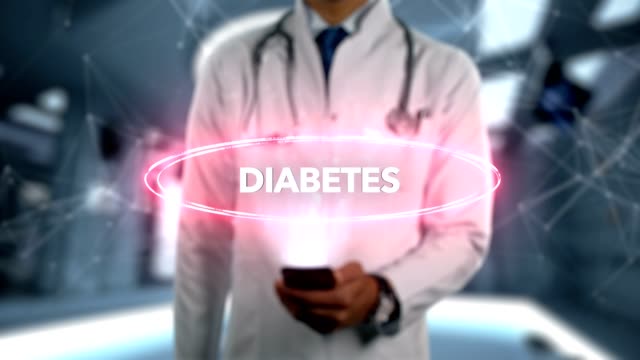 Diabetes---männlich-Arzt-mit-Handy-öffnet-und-Hologramm-Krankheit-Wort-berührt