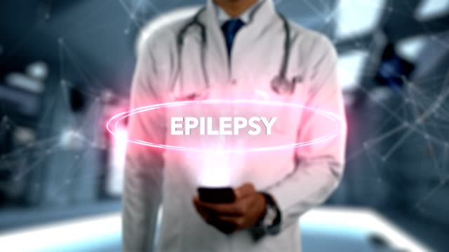 Epilepsie---männlich-Arzt-mit-Handy-öffnet-und-Hologramm-Krankheit-Wort-berührt