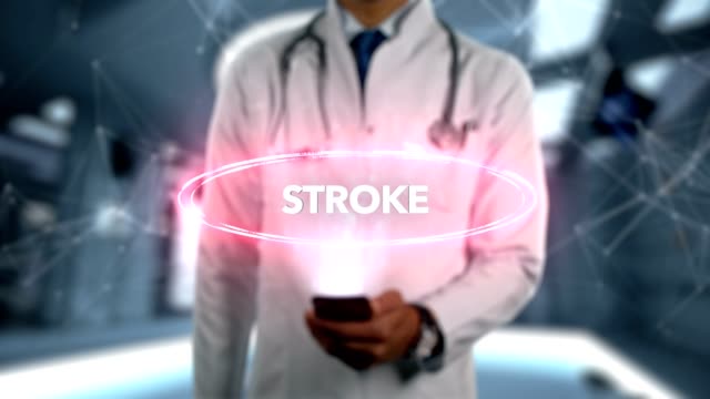 Stroke---Male-Doctor-With-Mobile-Phone-Opens-and-Touches-Hologram-Illness-Word