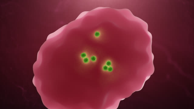 Virus-Angriff-auf-eine-Zelle.-Gesundheitswesen,-Infektion-und-Immunschwäche-Konzept
