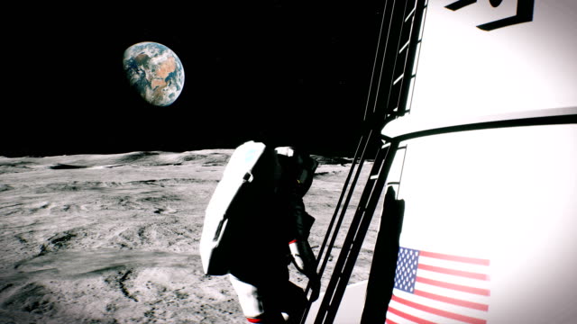 Der-Astronaut-steigt-die-Treppe-und-kehrt-zum-Mond-lander