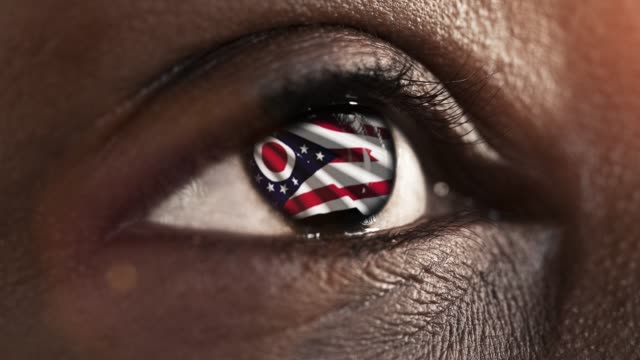 Woman-black-eye-in-close-up-with-the-flag-of-Ohio-state-in-iris,-united-states-of-america-with-wind-motion.-video-concept