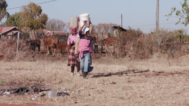 Three-african-woman-carrying-water-on-their-heads-in-plastic-buckets-from-a-remote-source-and-walking-back-to-their-homes