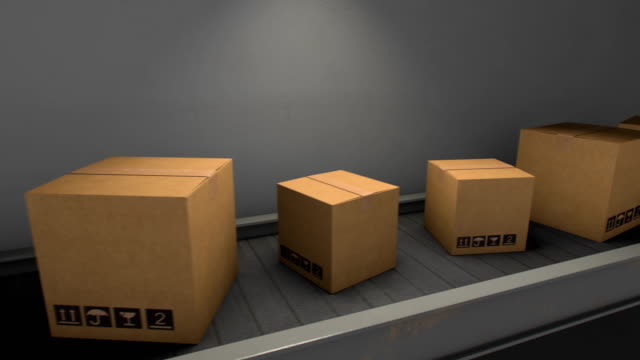 Cardboard-Boxes-on-Conveyor-Belt-in-Warehouse