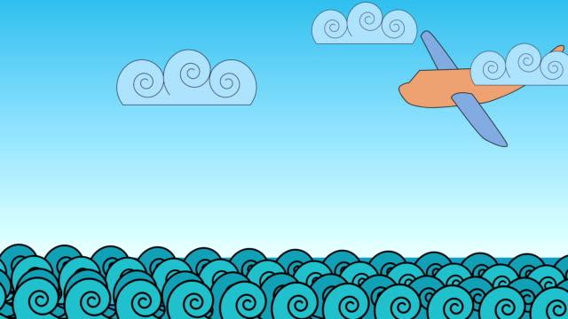 animation---cartoon-.Airplane-crash-in-the-ocean-waves