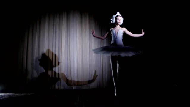 in-rays-of-spotlight,-on-the-stage-of-the-old-theater-hall.-Young-ballerina-in-suit-of-white-swan-and-pointe-shoes,-dances-elegantly-certain-ballet-motion,-Swan-Lake