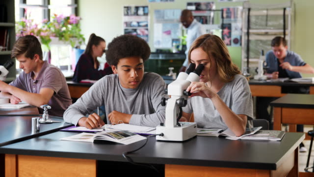 High-School-Students-With-Tutor-Using-Microscope-In-Biology-Class