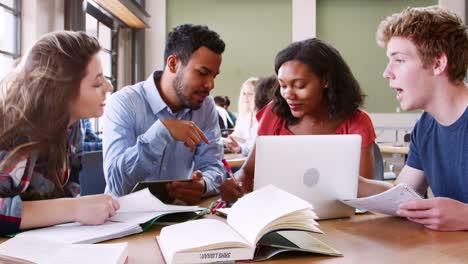 High-School-Students-Using-Laptops-And-Digital-Tablets-Working-With-Male-Teacher-At-Desk