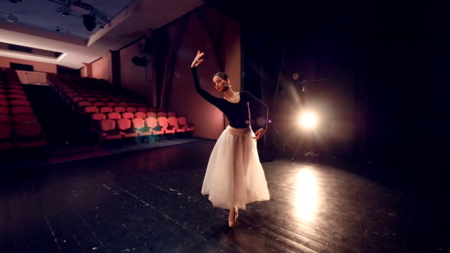 A-ballerina-turns-around-in-the-center-of-an-empty-stage.