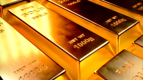 Fine-Gold-bars-1000-grams-on-the-floor-with-scattered-pieces-of-gold.-Concept-of-wealth.-4K-3D-Animation