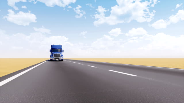 Freight-truck-driving-on-empty-desert-road-3D-animation