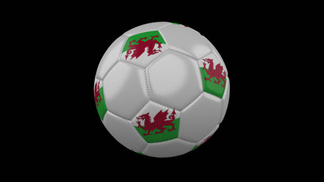Balón-de-fútbol-con-la-bandera-de-país-de-Gales,-4-tomas-de-prores-k-con-canal-alfa,-lazo