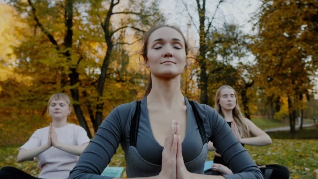 Gruppe-junger-Frauen,-die-Yoga-im-Freien-zu-praktizieren.-Weibchen-meditieren-im-Freien-vor-der-schönen-Herbst-Natur