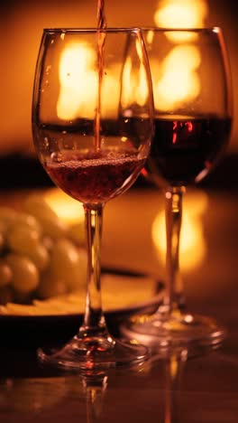 Vertical-video-of-two-red-wine-wineglasses-over-fireplace-background.