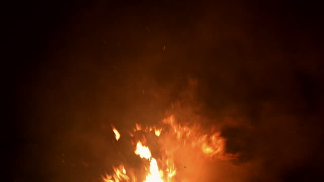 Slow-motion-bonfire-with-hot-flying-sparks