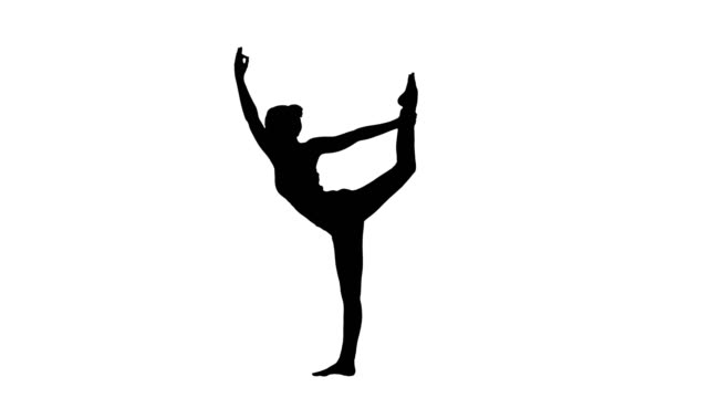 Silhouette-Yoga-Pose,-Frau-tun-stretching-Beine,-Bein-split