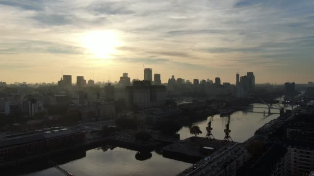 Buenos-Aires-Puerto-Madero-sky-scrappers-and-park-on-sunset-aerial