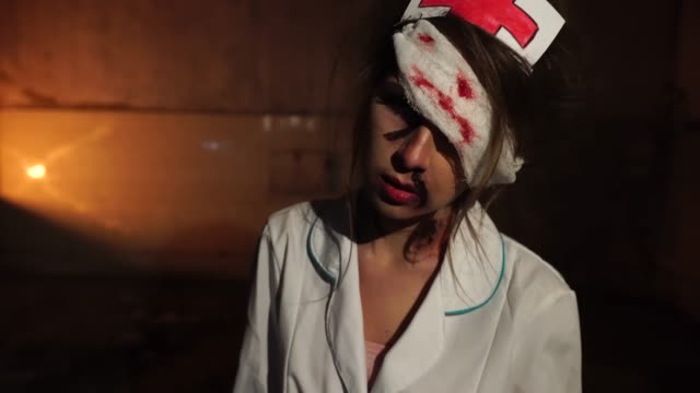 Monstrous-doctor-stained-blood-and-with-bandage-on-one-eye,-holds-syringe-with-blood