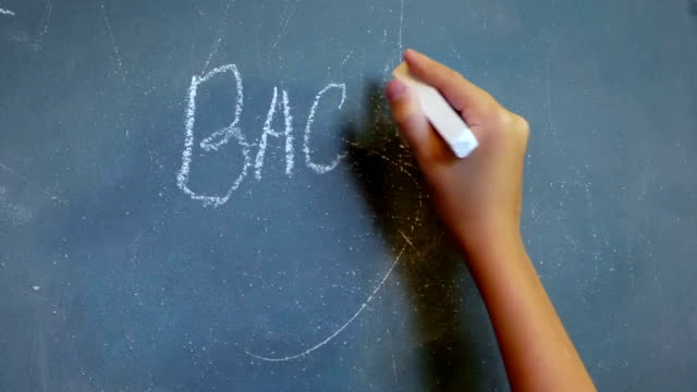 Hand-des-Kindes-schreibt-auf-die-Tafel-Wörter-zurück-"in-die-Schule!"