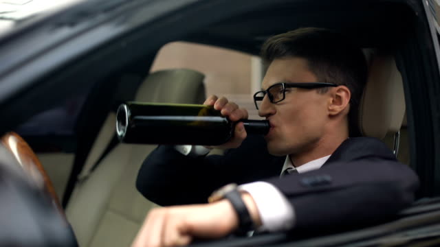Drunk-businessman-drinking-wine-in-car,-accident-risk,-rest-after-stressed-job
