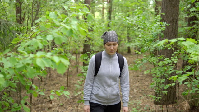 Brünette-Frau-verirrt-sich-in-den-Wald-und-Hilferufe