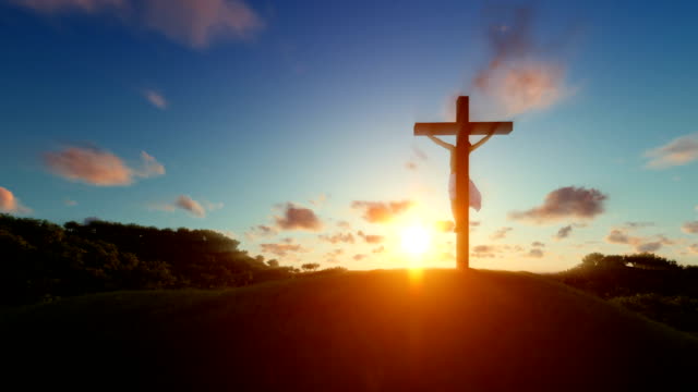 Silueta-de-Jesús-con-cruz-sobre-puesta-de-sol,-mate-de-luminancia-unida