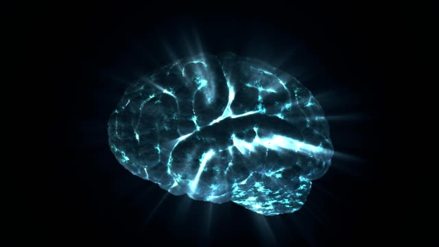 Menschliches-Gehirn-drehen-um-auf-schwarzem-Hintergrund-glühen.-Licht-scheint-durch-Gehirn.-3D-gerendert-Schleife-Animation.