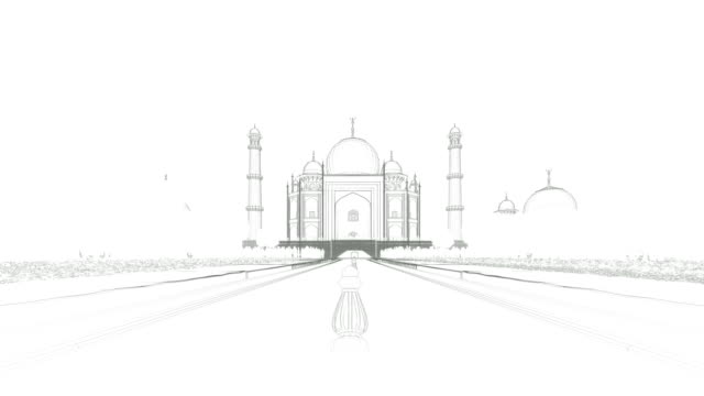 Taj-Mahal-with-tourists,-sketch-on-white,-4K