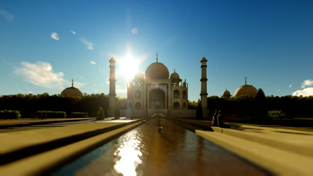 Taj-Mahal-and-turists,-morning-sun,-4K