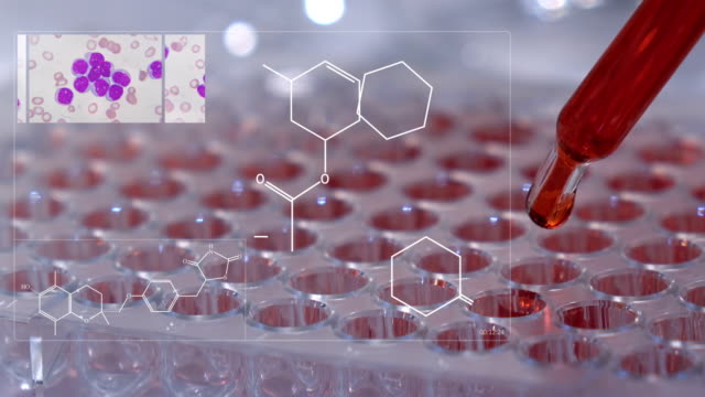 Wissenschaftler-fallen-chemischen-Lösung-für-die-Analyse:-Hologramm-chemische-Struktur-und-Leukämie-Zellen-in-Zukunftstechnologie-für-Tests-im-Labor