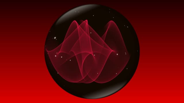Magic-mysterious-sphere-in-black-and-red-design-with-small-white-flying-sparkles-rotating-on-red-and-black-gradient-background