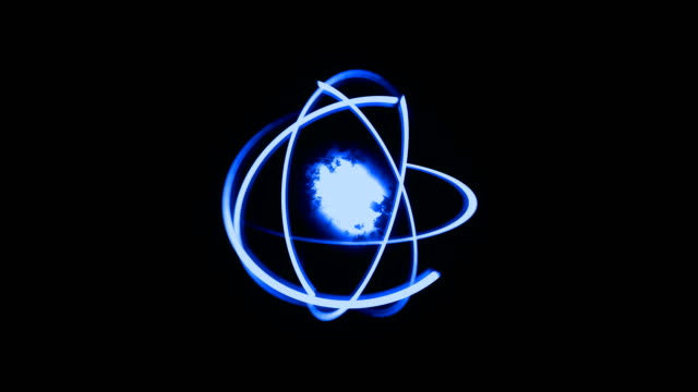 3D-Render-Atom,-leuchtende-nuklearen-Modell,-Molekülstruktur-mit-Spur-Atome-und-Elektronen.-Physik-Hintergrund