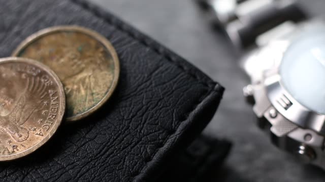 Dollar-Coins-on-Leather-Wallet