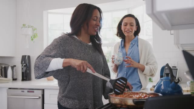 Frauen-mittleren-Alters,-die-in-der-Küche-kochen,-ihre-erwachsene-Tochter-steht-neben-ihr-im-Gespräch