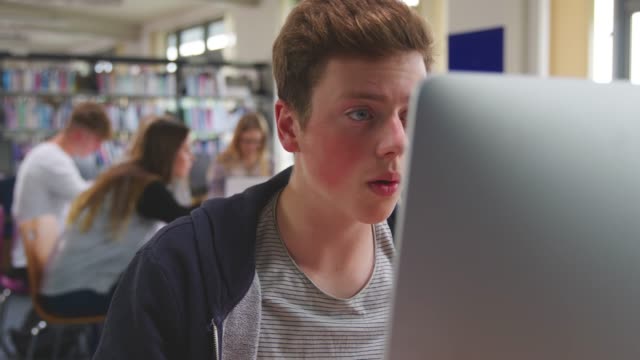Männliche-Schüler-arbeiten-am-Computer-In-der-Universitätsbibliothek