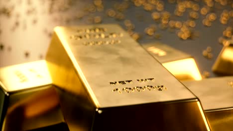 Feine-Goldbarren-1000-Gramm-auf-dem-Boden-mit-verstreuten-Stücke-aus-Gold.-Konzept-des-Reichtums.-4K-3D-Animation